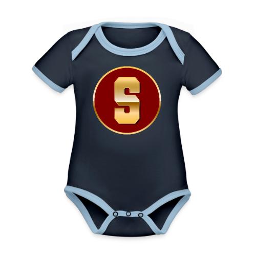 Letter S – Capital Varsity Alphabet Monogram - Organic Contrast SS Baby Bodysuit