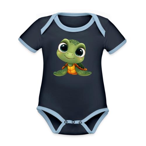 Cheerful Green Cartoon Sea Turtle with Big Eyes - Organic Contrast SS Baby Bodysuit