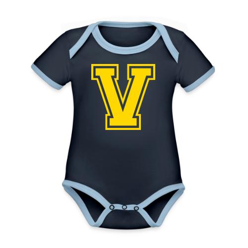 Letter V – Capital Athletic Alphabet Monogram - Organic Contrast SS Baby Bodysuit