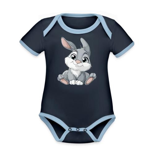 Joyful Grey and White Baby Rabbit Cartoon - Organic Contrast SS Baby Bodysuit