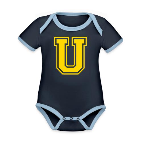 Letter U – Capital Athletic Alphabet Monogram - Organic Contrast SS Baby Bodysuit