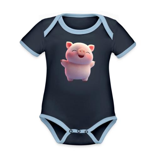 Cute Cartoon Baby Pig Standing Arms Up - Organic Contrast SS Baby Bodysuit