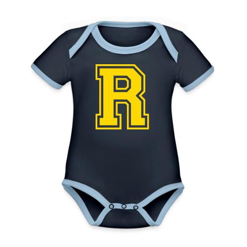 Letter R – Capital Athletic Alphabet Monogram - Organic Contrast SS Baby Bodysuit