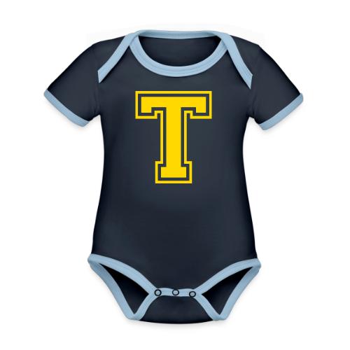 Letter T – Capital Athletic Alphabet Monogram - Organic Contrast SS Baby Bodysuit