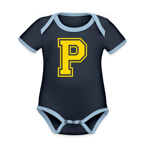 Letter P – Capital Athletic Alphabet Monogram - Organic Contrast SS Baby Bodysuit