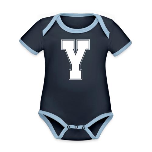 White Letter Y – Varsity Alphabet Monogram - Organic Contrast SS Baby Bodysuit