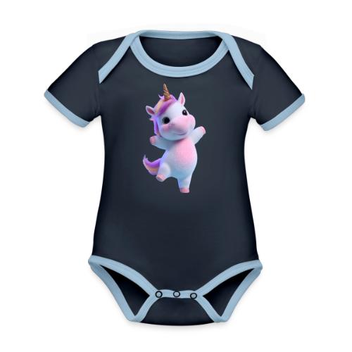 Cute Cartoon Unicorn Dancing Joyfully - Organic Contrast SS Baby Bodysuit