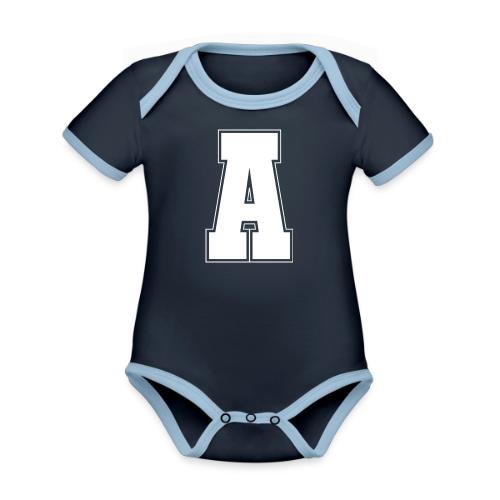 White Letter A – Varsity Alphabet Monogram - Organic Contrast SS Baby Bodysuit