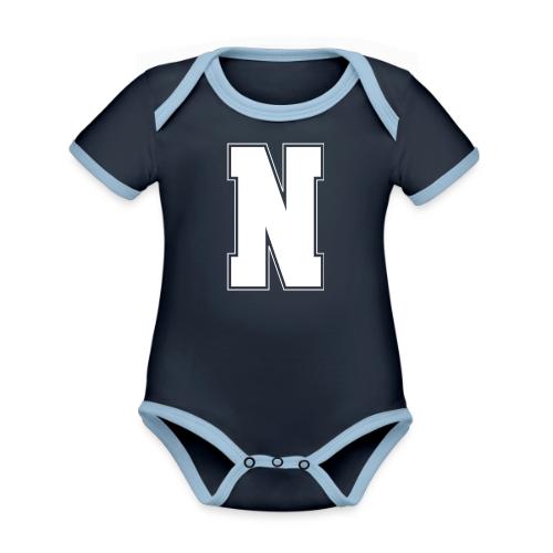 White Letter N – Varsity Alphabet Monogram - Organic Contrast SS Baby Bodysuit
