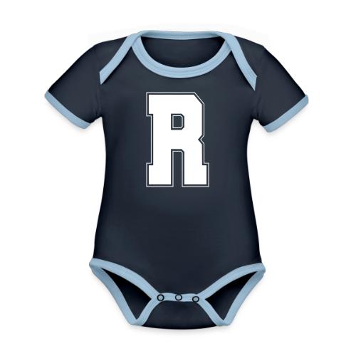 White Letter R – Varsity Alphabet Monogram - Organic Contrast SS Baby Bodysuit