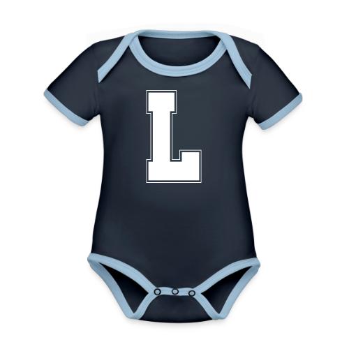 White Letter L – Varsity Alphabet Monogram - Organic Contrast SS Baby Bodysuit