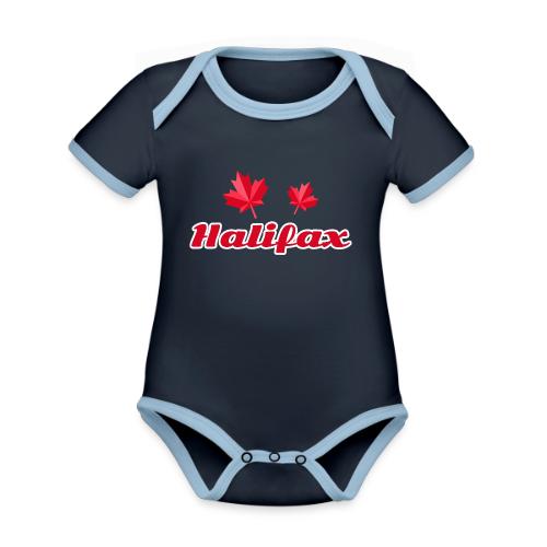 Halifax with two red maple leaves - Organic Contrast SS Baby Bodysuit
