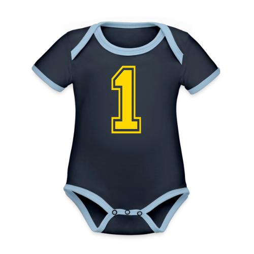 Number 1 in a classic athletic collegiate font - Organic Contrast SS Baby Bodysuit