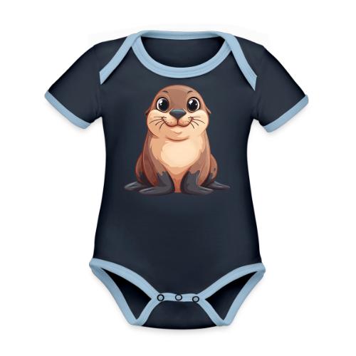 Smiling Cartoon Brown Sea Lion - Organic Contrast SS Baby Bodysuit