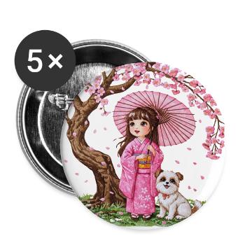 Blossom Companions – Girl & Dog Under Sakura - Buttons small 1'' (5-pack) - white