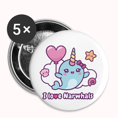 I Love Narwhals - Kawaii Unicorn Whale with Heart - Buttons small 1'' (5-pack)