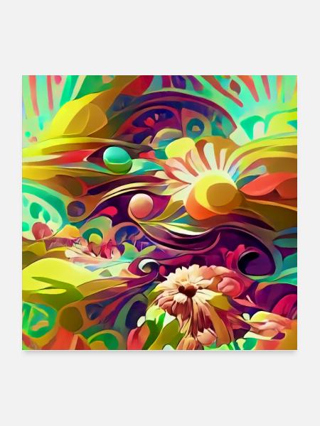 Bright retro psychedelic flowers and shapes - Poster 24x24 - white - Front