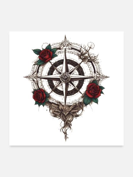 Tattoo_style_rose_compass_beautiful_evoking_spirit - Poster 24x24 - white - Front