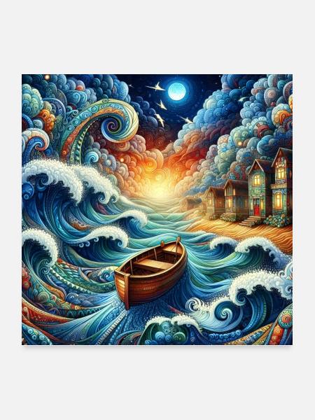 Sampan on turbulent water near StainedGlass houses - Poster 24x24 - white