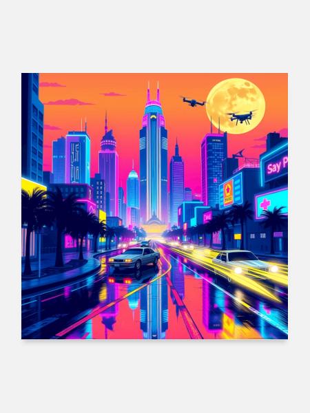 Retro Wave Cityscape: A Nostalgic Journey Through - Poster 24x24 - white - Front