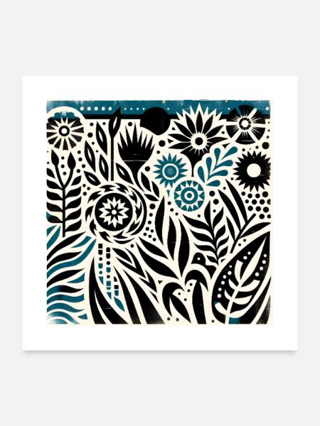 Teal & Black Floral Pattern Tee - Poster 24x24 - white