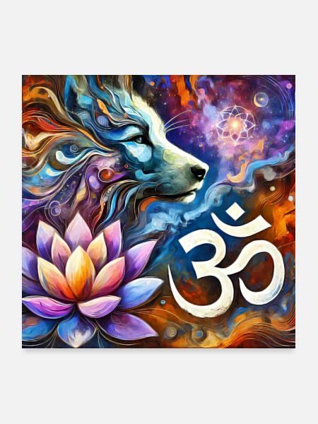 Cosmic Wolf with Om Symbol and Lotus Energy - Poster 24x24 - white - Front