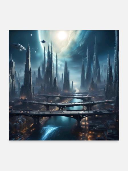 Magic City with Skyscraper Sci-Fi Alien Planet - Poster 24x24 - white - Front