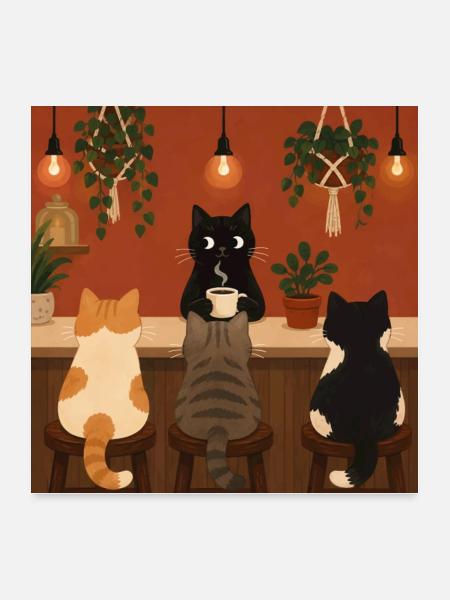 Cozy Cat Cafe Barista Kitten Coffee Shop Botanical - Poster 24x24 - white - Front