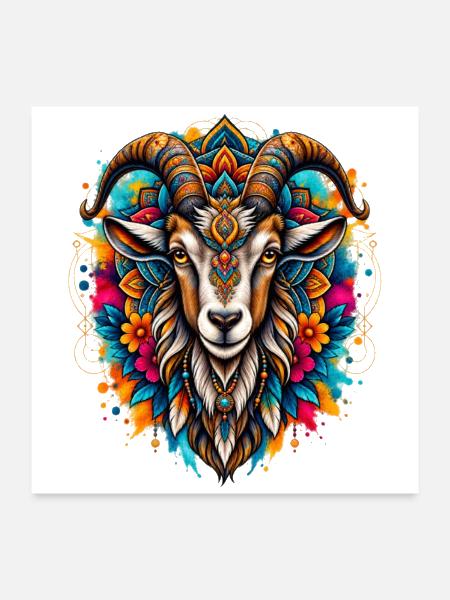 Colorful Mandala Goat Sacred Geometry Boho Art - Poster 24x24 - white - Front