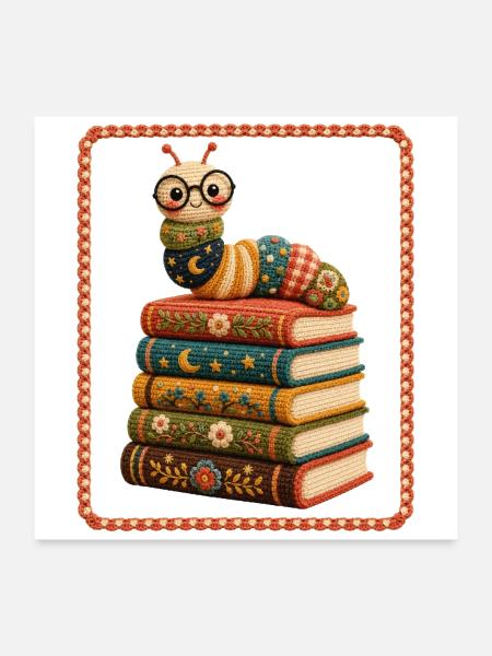 Cozy Crochet Bookstack Caterpillar - Poster 24x24 - white