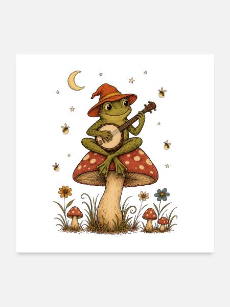 Moonlit Frog Banjo on Mushroom - Poster 24x24 - white
