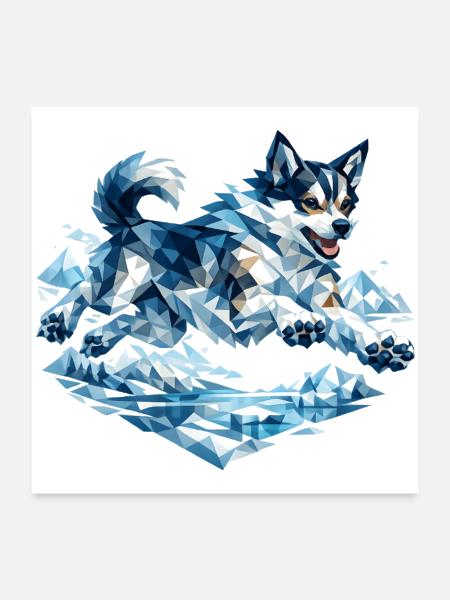 Blue Polygon Husky in Motion - Poster 24x24 - white - Front