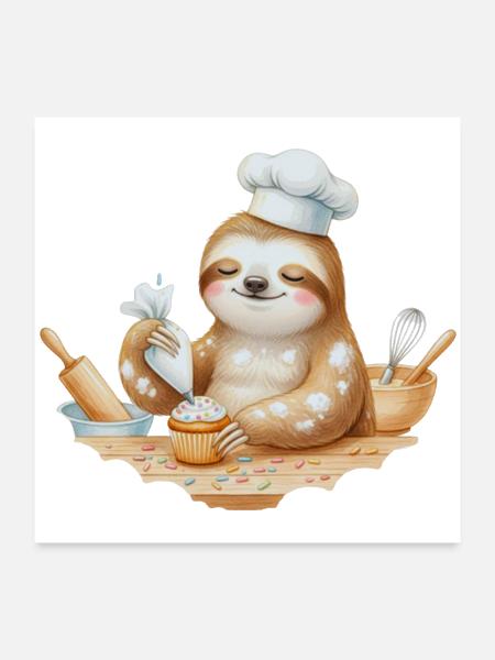 Cute Sloth Baker Decorating Cupcake - Poster 24x24 - white - Front
