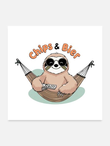 paresseux détendu avec des chips et de la bière illustration - Poster 24 x 24 po - blanc - Devant