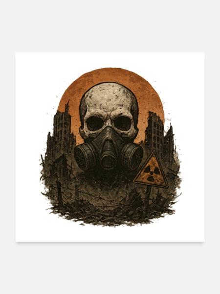 Skull in Gas Mask Amid Ruins - Poster 24x24 - white - Front