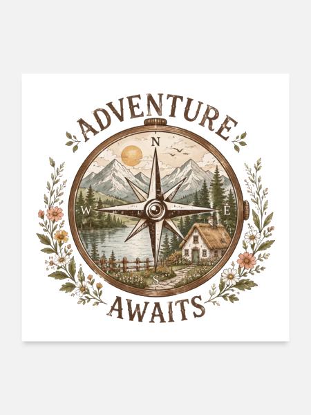 Cottagecore Compass Adventure Nature Illustration - Poster 24x24 - white - Front