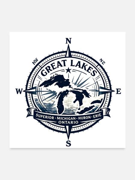 Great Lakes Compass Map Emblem - Poster 24x24 - white - Front