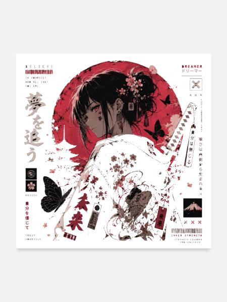Red Sakura Moon Geisha Portrait - Poster 24x24 - white - Front
