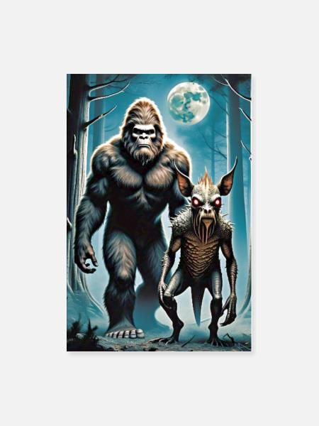 Bigfoot and chupacabra forest walkers full moon  - Poster 8x12 - white - Front