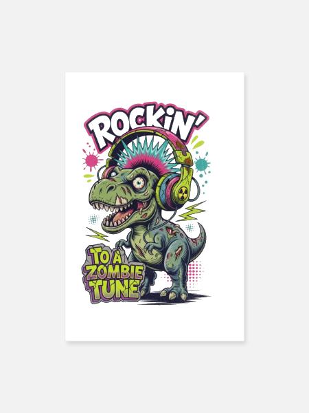 Punk Zombie T-Rex: Rockin' To A Zombie Tune - Poster 8x12 - white - Front