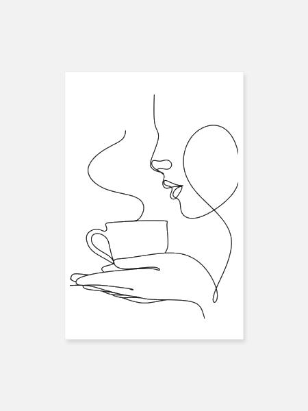 Line Portrait Sips Coffee - Poster 8x12 - white - Front