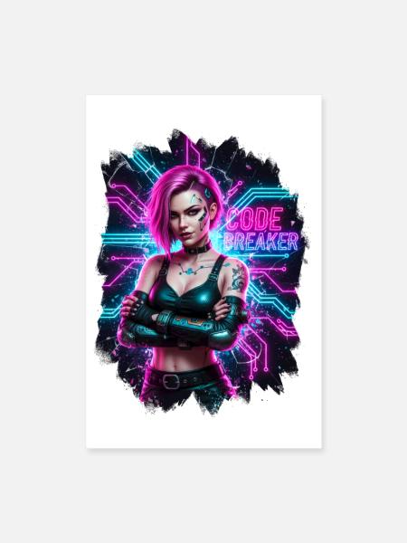 Cyberpunk Hacker Tee: Pink Hair Glitch Neon Art - Poster 8x12 - white