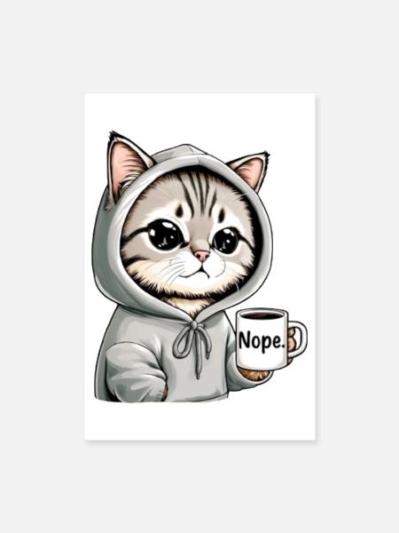 Cute Nope Cat Hoodie Coffee Mood - Poster 8x12 - white - Front