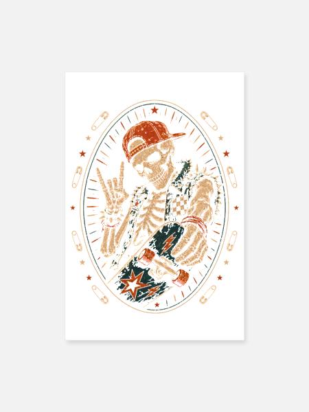 Vintage Skater Skeleton Rock Horns Halloween - Poster 8x12 - white - Front