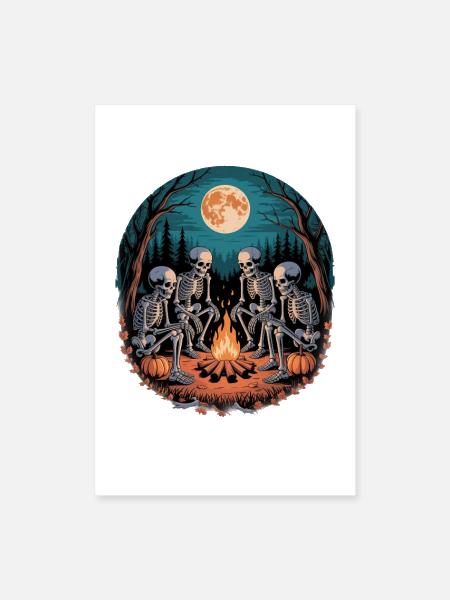 Skeleton Camper Hiker Bonfire Halloween Camping - Poster 8x12 - white - Front