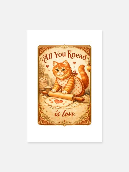 Cute Cat Valentine Kneading Dough Vintage Cat Love - Poster 8x12 - white