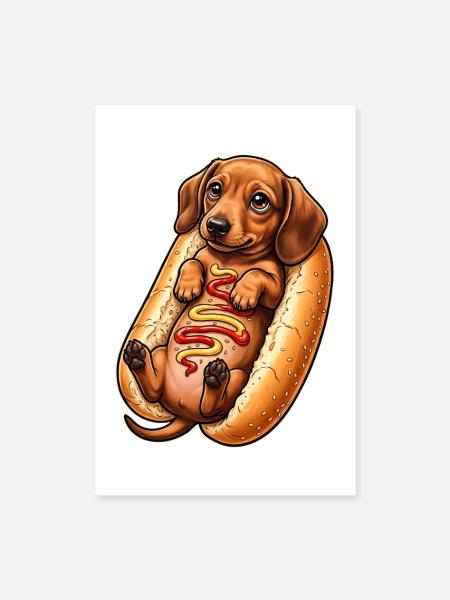 Funny Cute Dachshund Sausage Hot Dog Bun Design - Poster 8x12 - white - Front