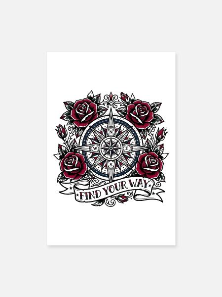 Find Your Way Vintage Compass Rose Tattoo Art - Poster 8x12 - white - Front