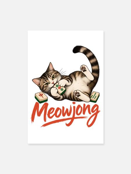 Meowjong Funny Cat Mahjong Tile Graphic - Poster 8x12 - white - Front