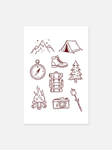 Adventure Enthusiast Camping Doodle Collage - Poster 8x12 - white - Front